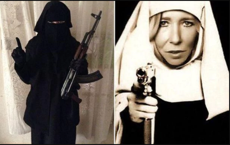 Sally Jones, wearing a burqa, and masquerading as a gun-toting nun.