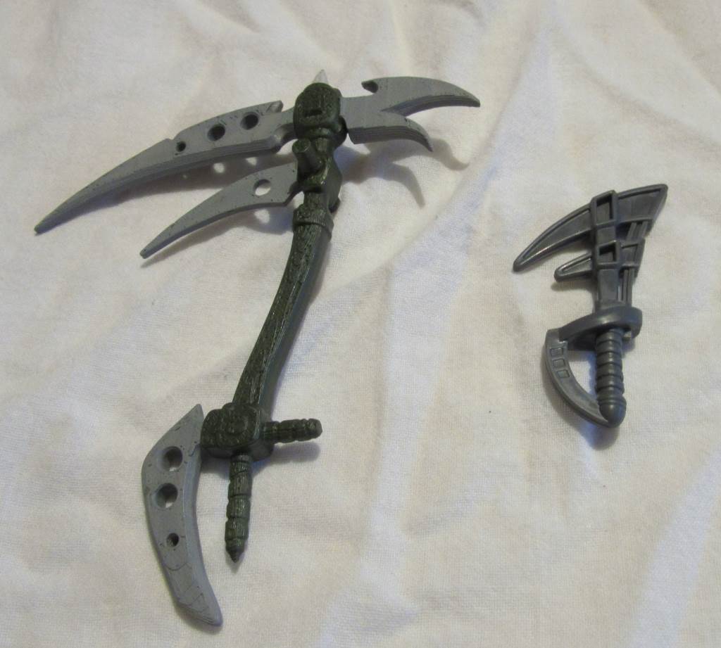 Saw Slasher Scythe prototype and Bomb-Burst's armor-piercing battle axe