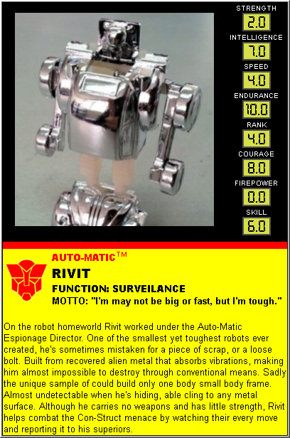 Fan made tech spec for Heerotoysmaker Chrome Bumblebeee as "Rivit"