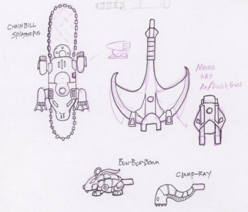 Early concept art of the BMOG platypus and manta designs