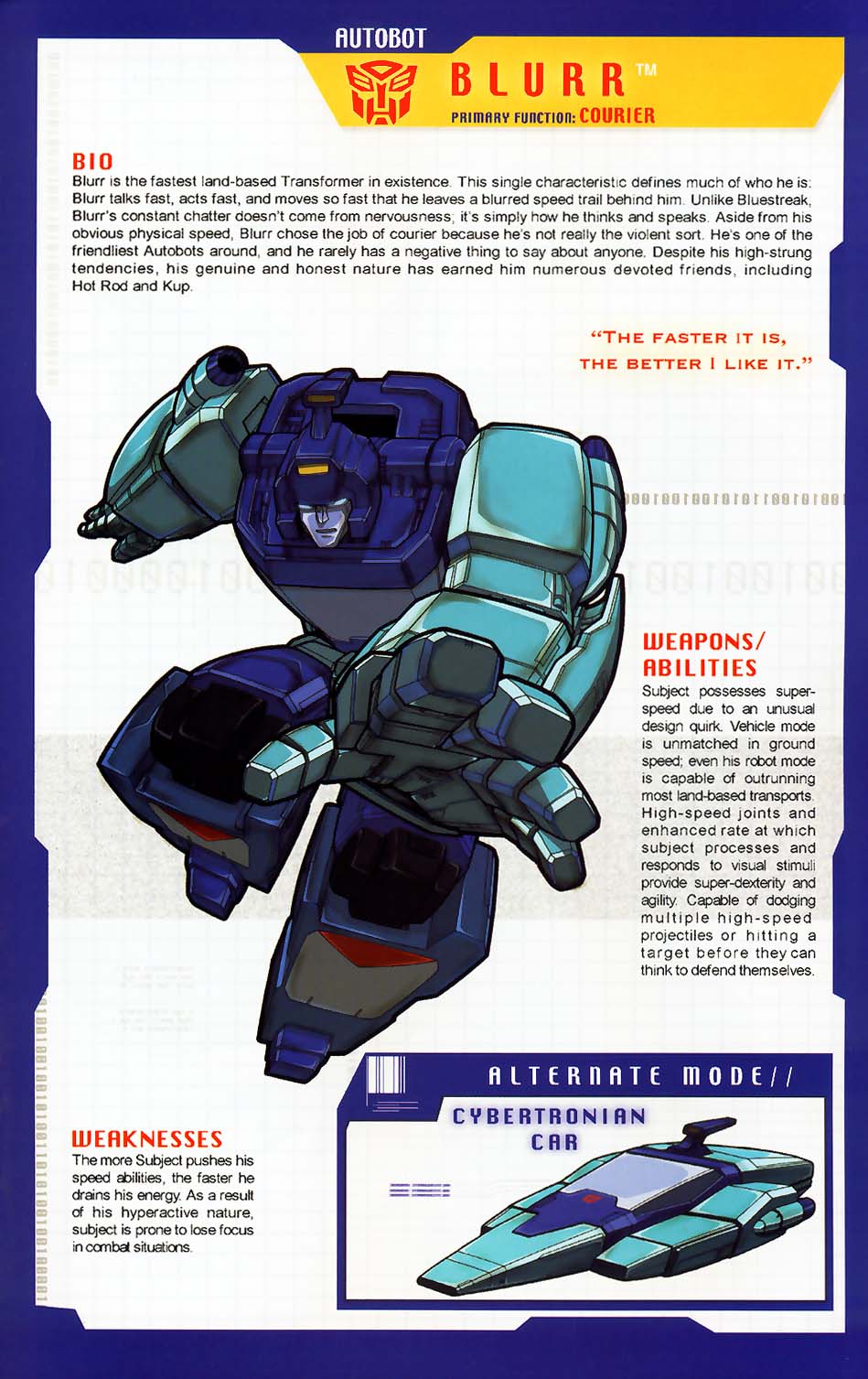 Blurr's biography from Transformers: More Than Meets The Eye