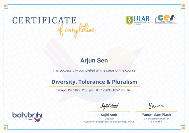 Arjun-Sen-Diversity Tolerance Pluralism-ULAB-MOOC-Completion-Bohubrihi.png